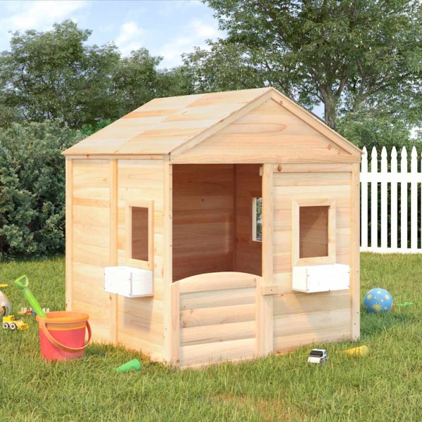 Playhouse with lockable door and flower pots, fir tree