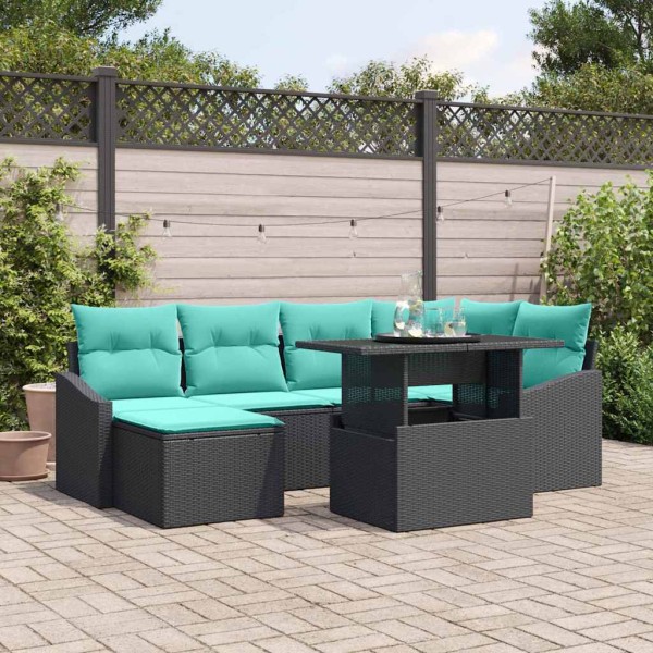 Sofa set 7 pcs. Black and Blue Poly Rattan