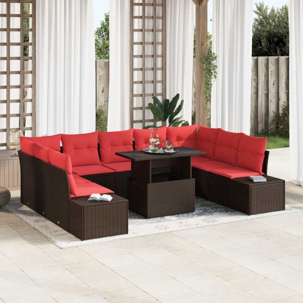 Garden Sofa Set 10 pcs. Brown and red polyrattan
