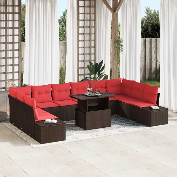 Garden Sofa Set 11 pcs. Brown and red polyrattan