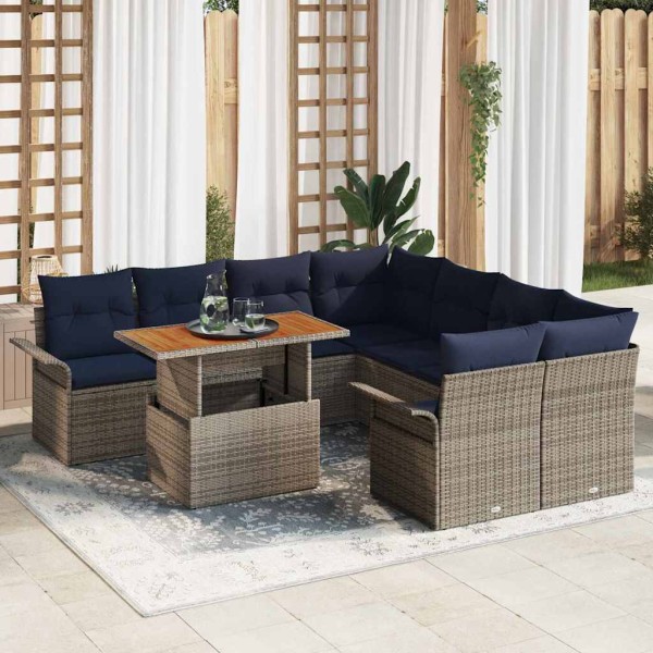 Garden Sofa Set 9 pcs. Gray and dark blue polyrattan