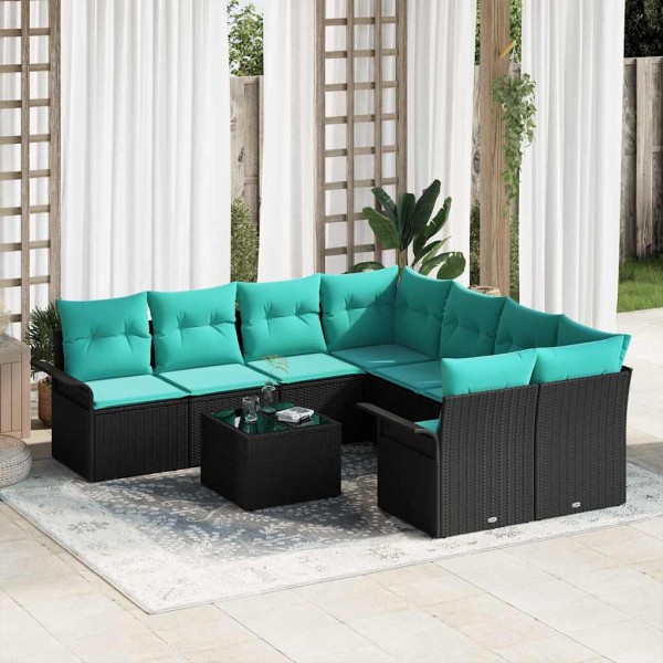 Garden Sofa Set 9 pcs. Black and turquoise polyrattan