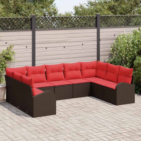 Garden Sofa Set 9 pcs. Brown and red polyrattan