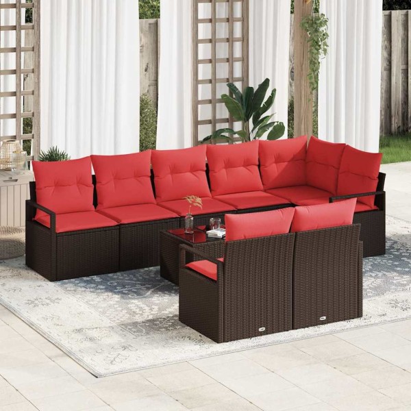 Garden Sofa Set 9 pcs. Brown and red polyrattan