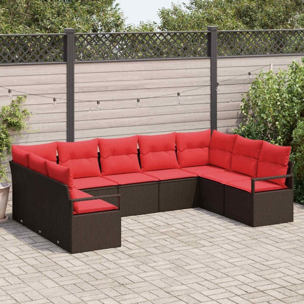 Garden Sofa Set 9 pcs. Brown and red polyrattan