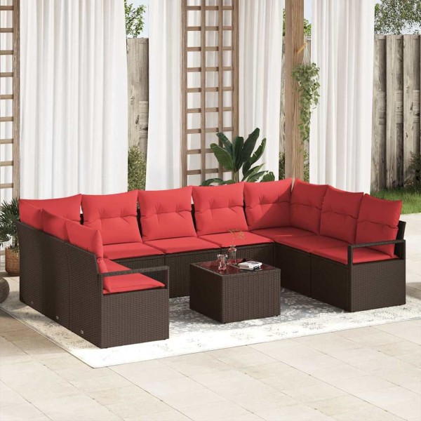 Garden Sofa Set 10 pcs. Brown and red polyrattan