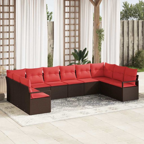 Garden Sofa Set 10 pcs. Brown and red polyrattan