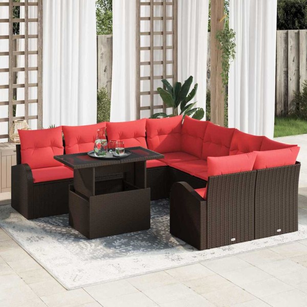 Garden Sofa Set 9 pcs. Brown Poly Rattan