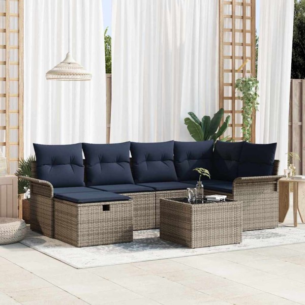 Garden Sofa Set 7 pcs. Gray and dark blue polyrattan