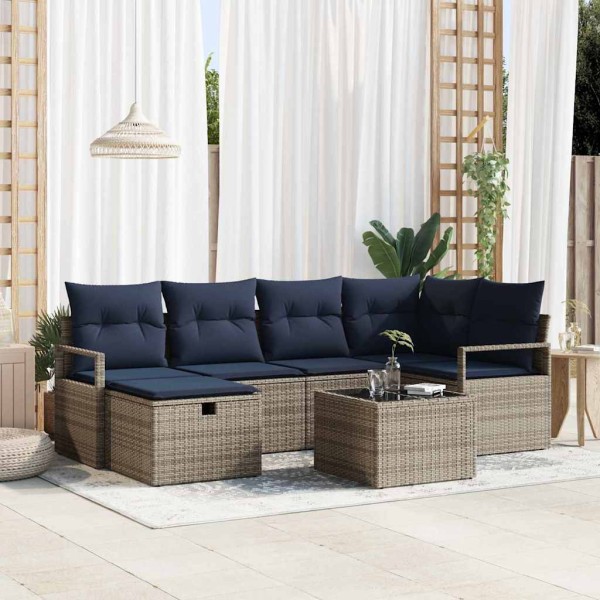 Sofa set with cushion Gray and dark blue polyrattan