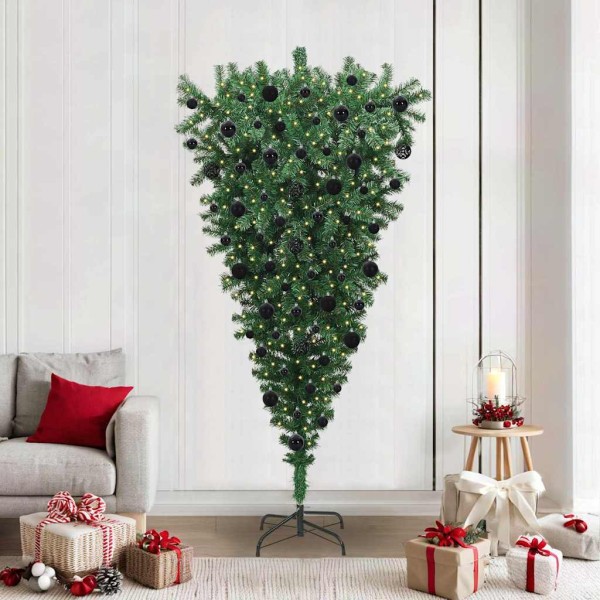 Upside Down Artificial Pre-Lighted Christmas Tree with Ball Set