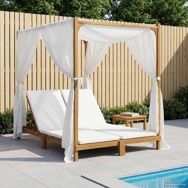Double sunbed with awnings and curtains Cream