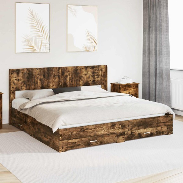 Bed frame with storage and back in Smoked Oak