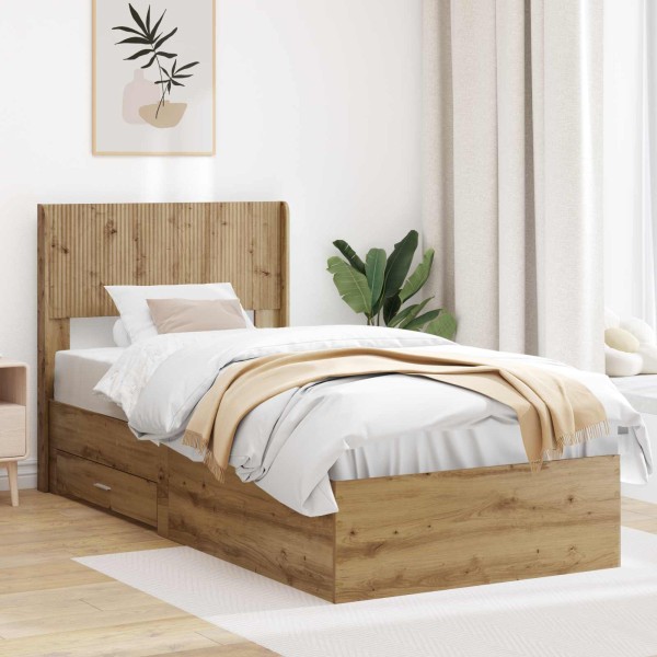 Bed frame with storage and back Artisan oak 100 x 200 cm