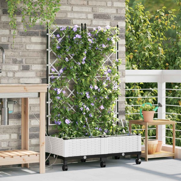 Garden pot with watering system and wheels 2 pcs. White PP