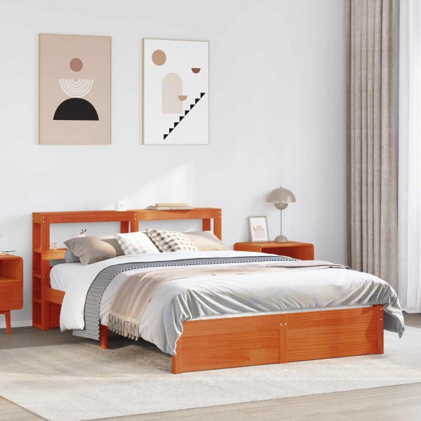 Bed frame with headboard Wax brown Solid pine wood