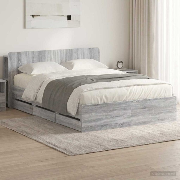 Bed frame with storage and back Gray Sonoma 150 x 200 cm