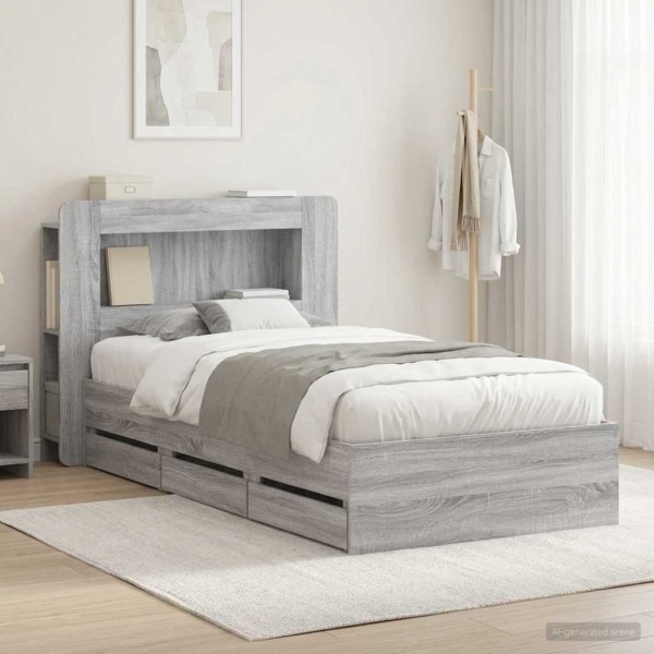 Bed frame with storage and back Gray Sonoma 90 x 190 cm