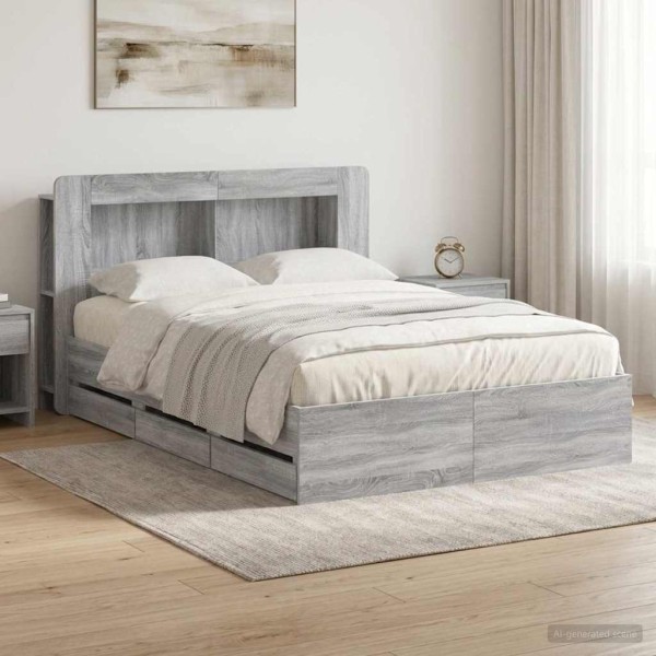 Bed frame with storage and back Gray Sonoma 150 x 200 cm
