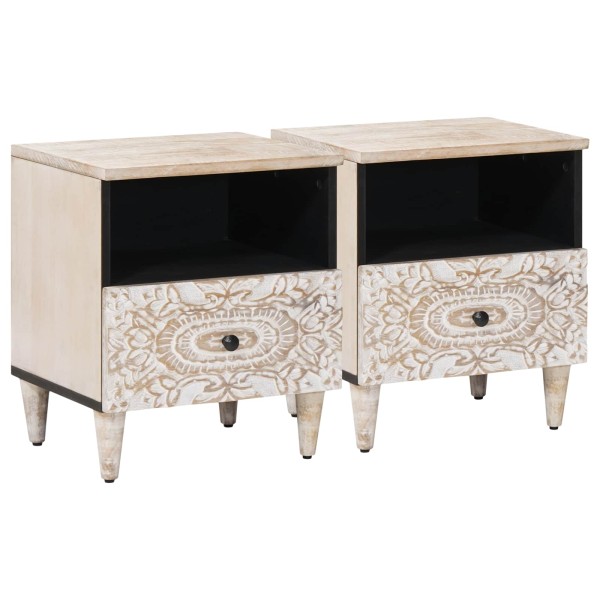 Bedside cabinet 2 pcs. White 40 x 33 x 46 cm Solid mango wood