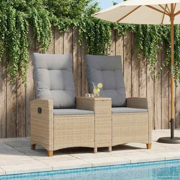 Reclining Bench with Table Beige and light gray polyrattan