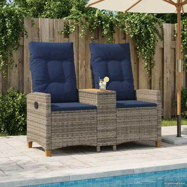 Reclining Bench with Table Gray and dark blue polyrattan