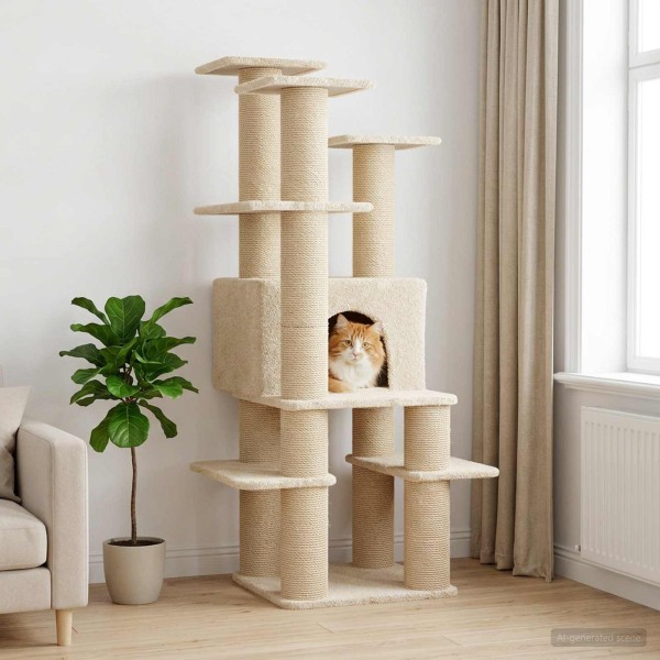 Cat tree with sisal scrub Cream 161 cm