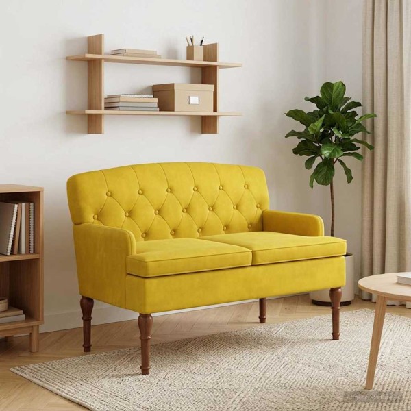 Soft Corner with Button Upholstery Light Yellow Velvet