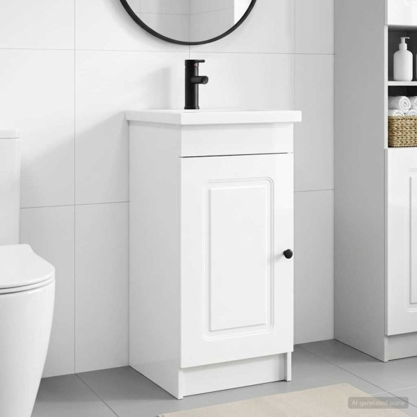 Bathroom cabinet with washbasin in high gloss white
