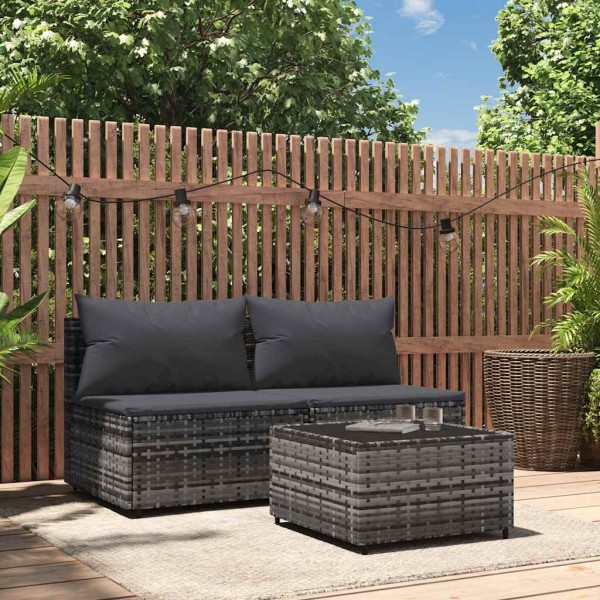 Garden set with cushions, 3 parts, gray, polyrattan