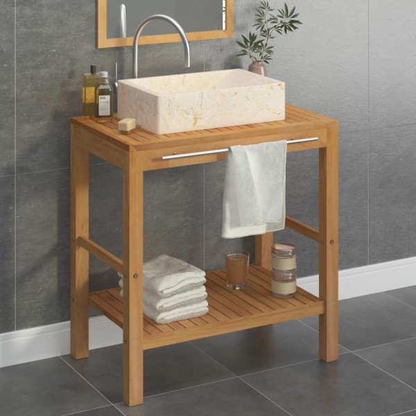 Bathroom cabinet with washbasin, cream, marble and teak