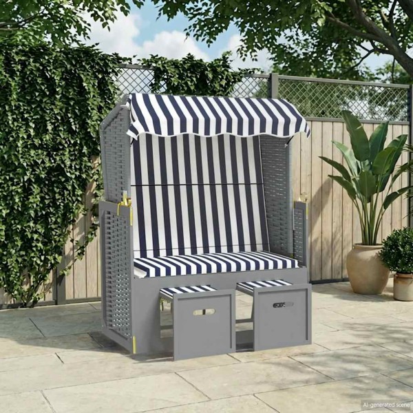Beach chair with canopy, blue/white, polyrattan/wood