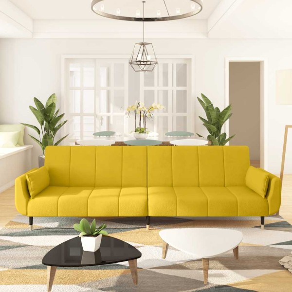 Double sofa-bed with two pillows, yellow, velvet