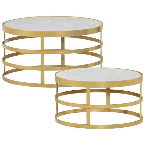 Coffee table set, 2 pieces, brass and white, marble