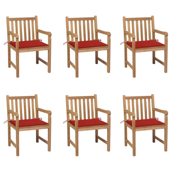 Garden chairs with red cushions, 6 pcs., teak