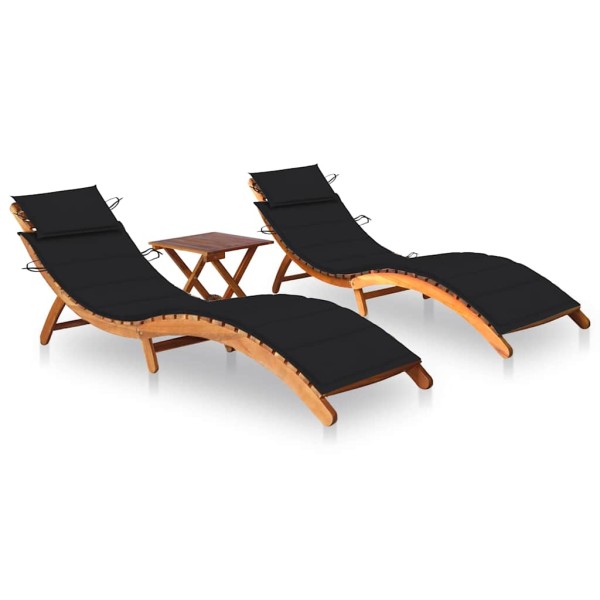 Sunbeds with table and mattresses, 2 pcs., acacia