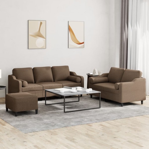 Sofa set with pillows, 3 parts, brown, fabric