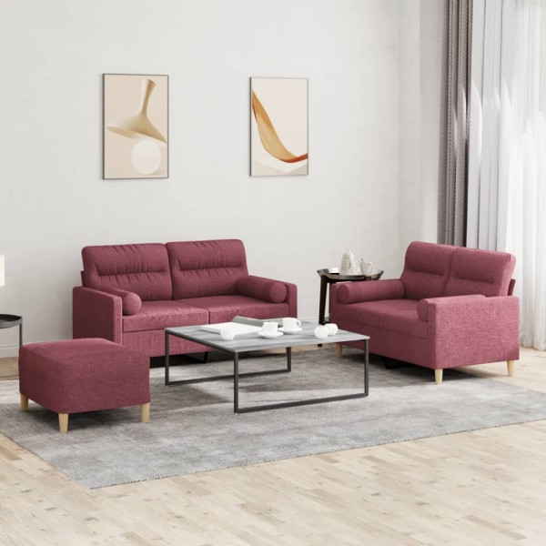Sofa set with pillows, 3 parts, wine, fabric