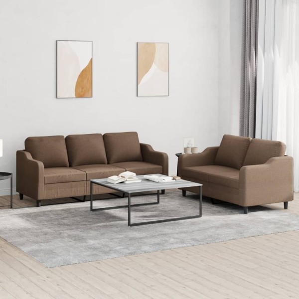 Sofa set with cushions, 2 parts, brown, fabric