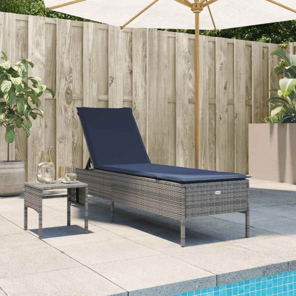 Sun lounger with table and cushion, grey, polyrattan
