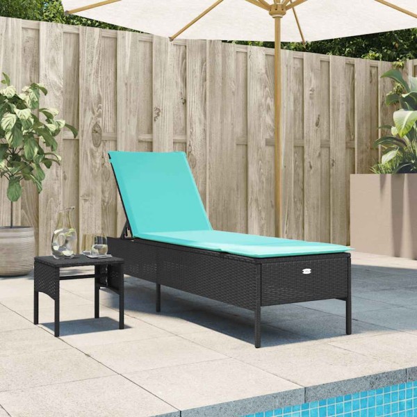 Sun lounger with table and cushion, black, polyrattan