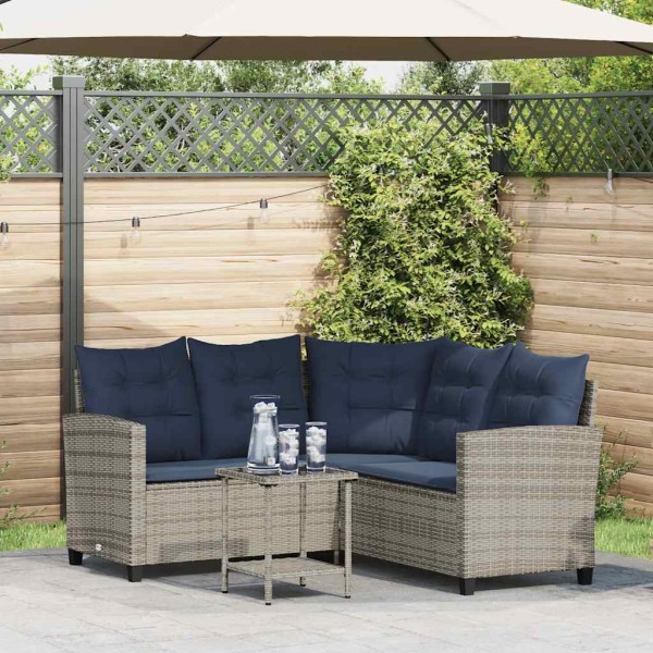 Garden sofa with table and cushions, L-shaped, gray, polyrattan