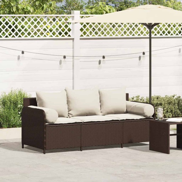 Garden sofa with cushions, 3 seats, brown, polyrattan