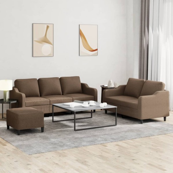 Sofa set with cushions, 3 parts, brown, fabric