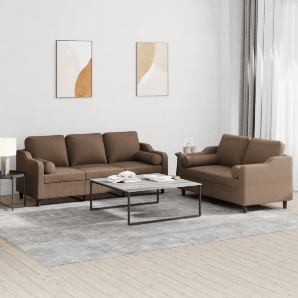Sofa set with pillows, 2 parts, brown, fabric
