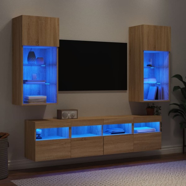Wall TV section with LED, 5 parts, oak, processed wood