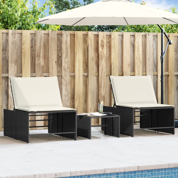 Modular sunbeds, 2 pcs. with table, black, polyrattan