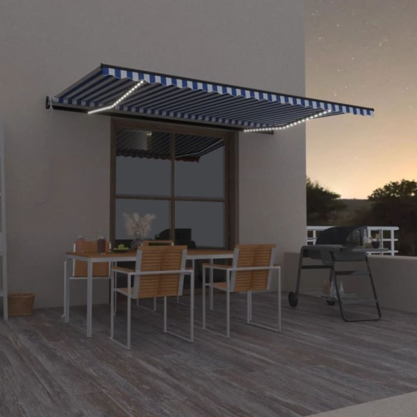 Awning with LED/wind sensor, blue/white, 500x350cm