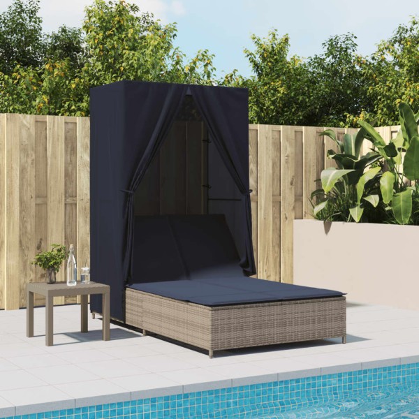 Double sun lounger with canopy and curtains, gray