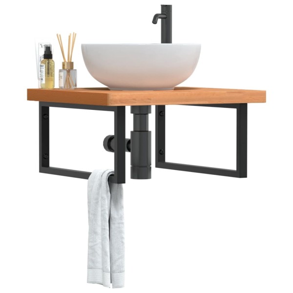 Washbasin shelf, steel and solid beech wood